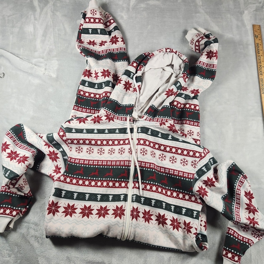 Fabletics Cozy Fleece Hooded Jumpsuit S Red Green Fairisle Holiday Cozy Lounge